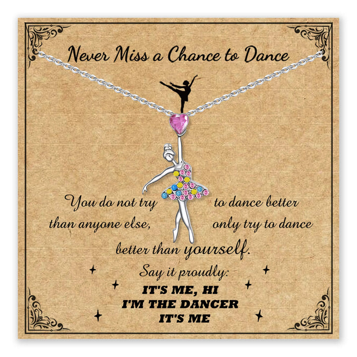 Ballerina necklace with message card featuring empowering quote