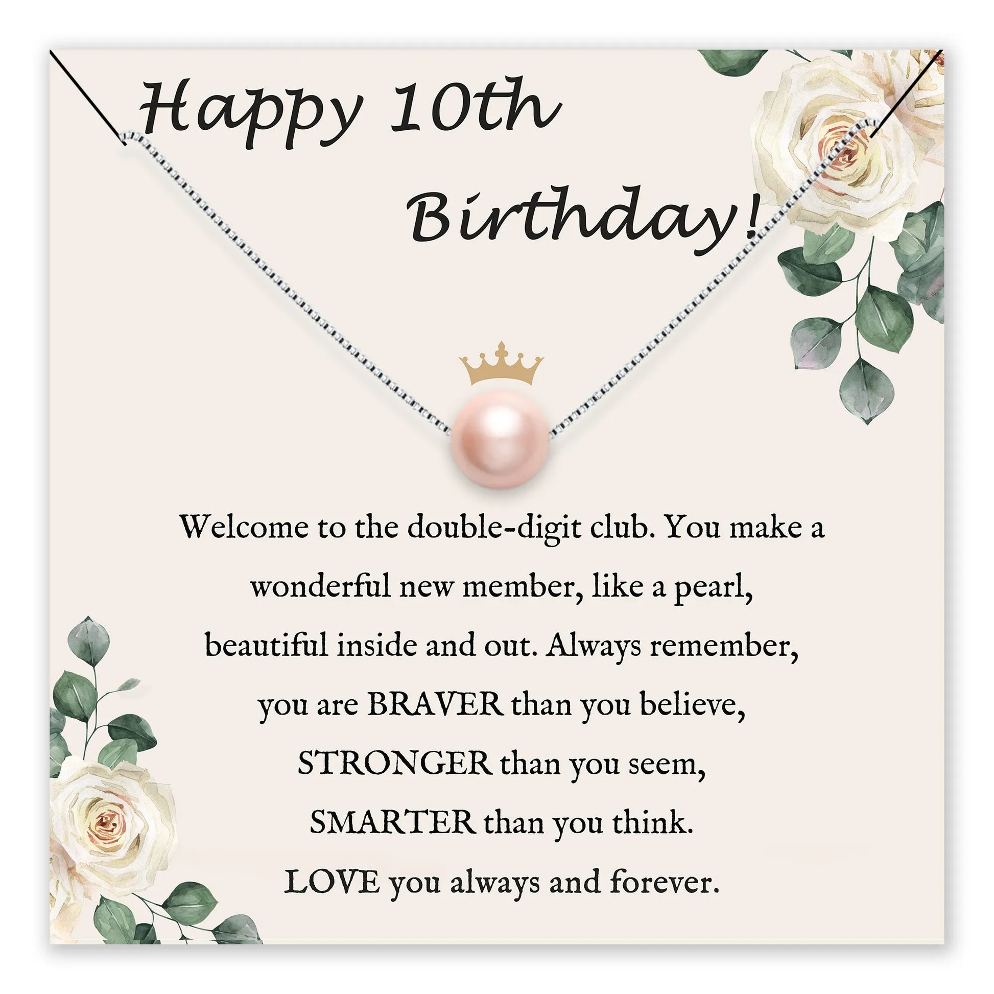 Birthday card with a pearl necklace and floral design for a 10th birthday