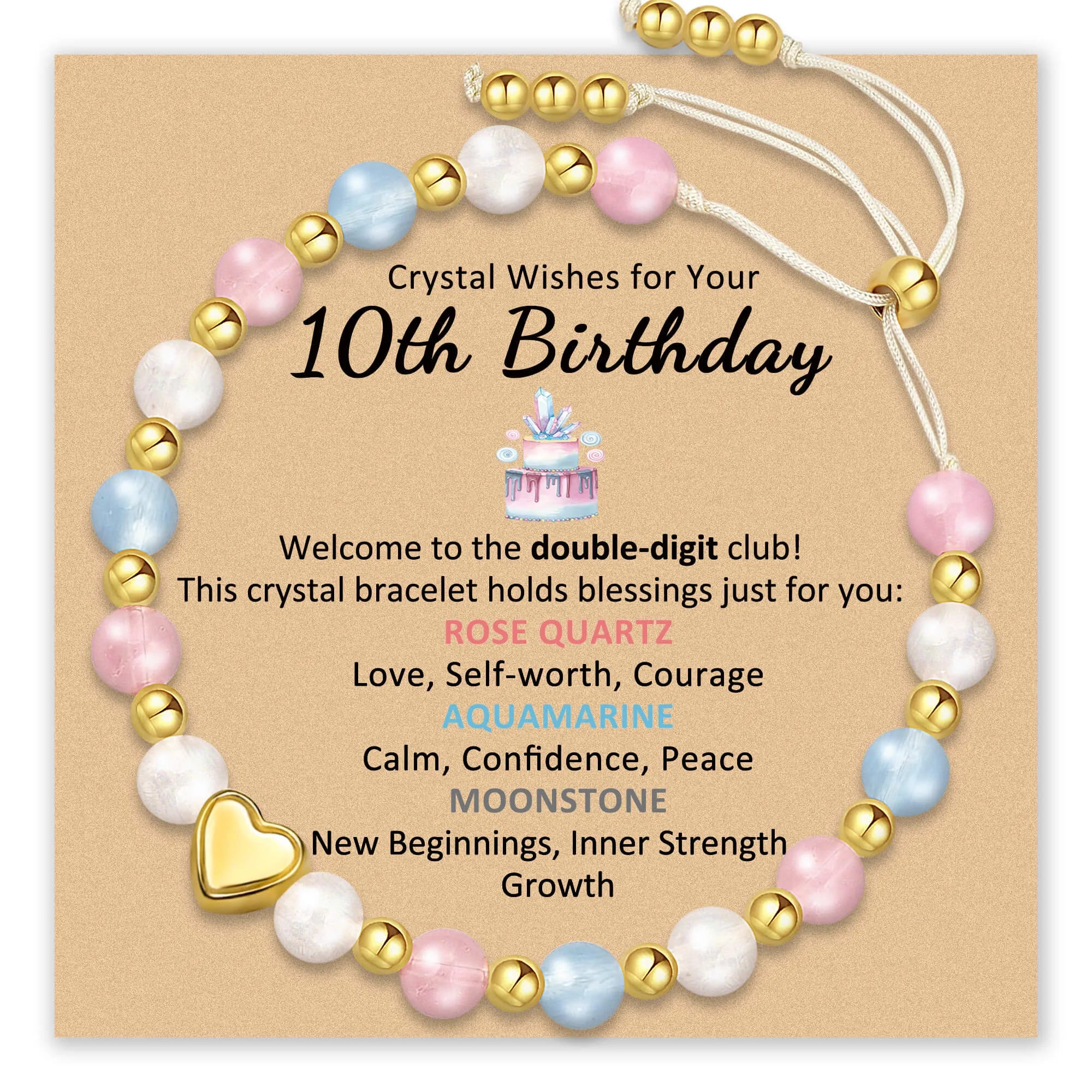 Bracelet for 10th birthday with pink, blue, and white beads