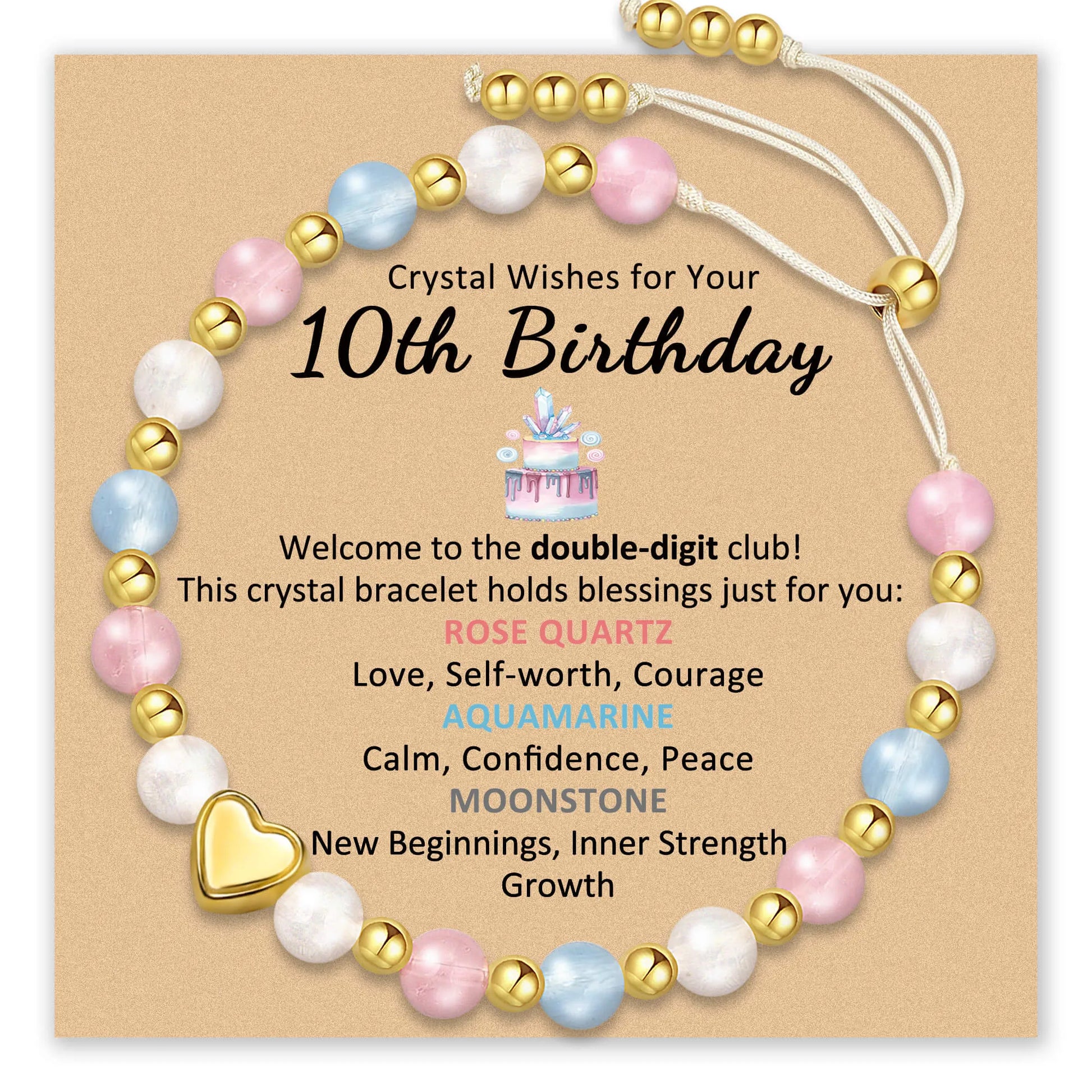 Bracelet for 10th birthday with pink, blue, and white beads