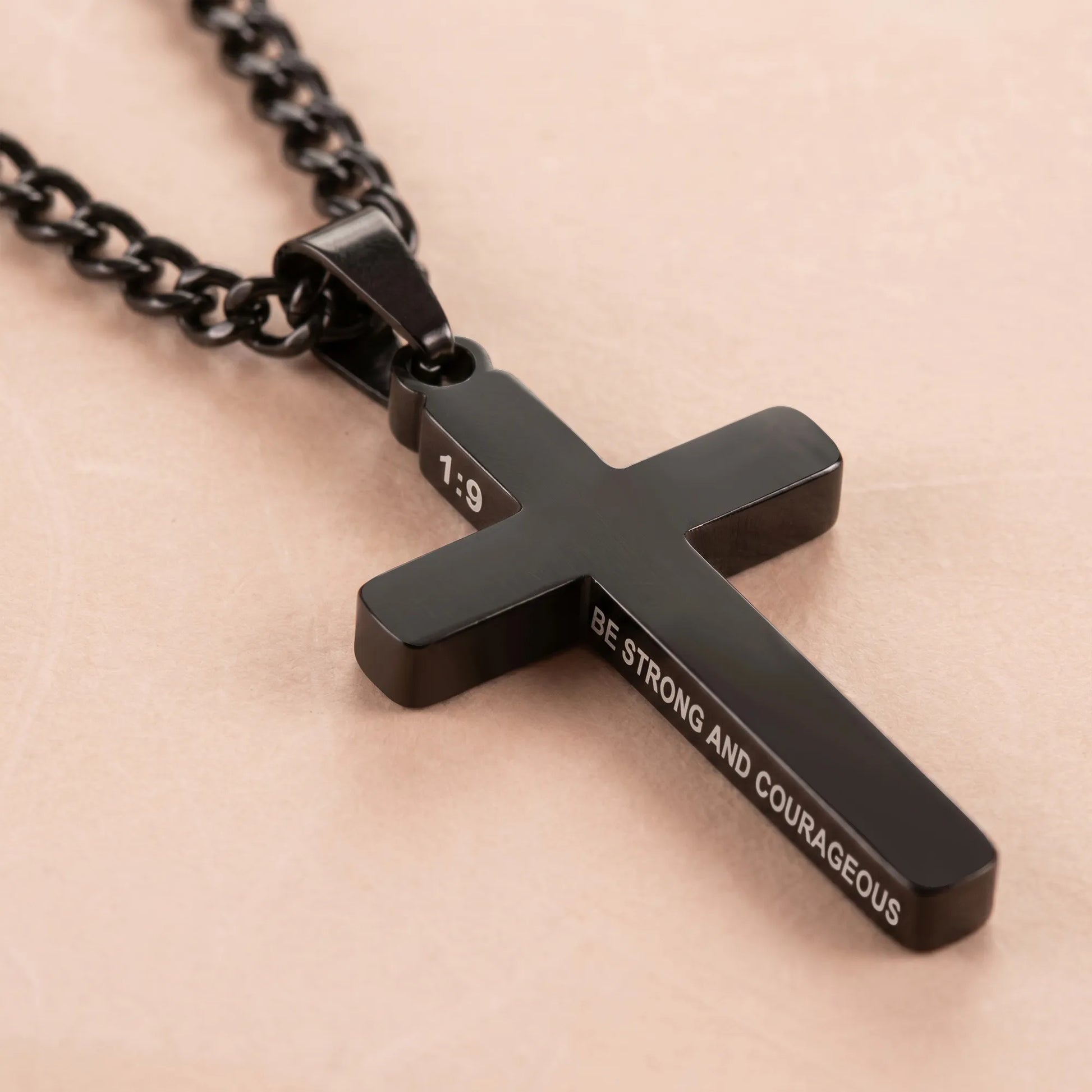 Black cross necklace with engraved message