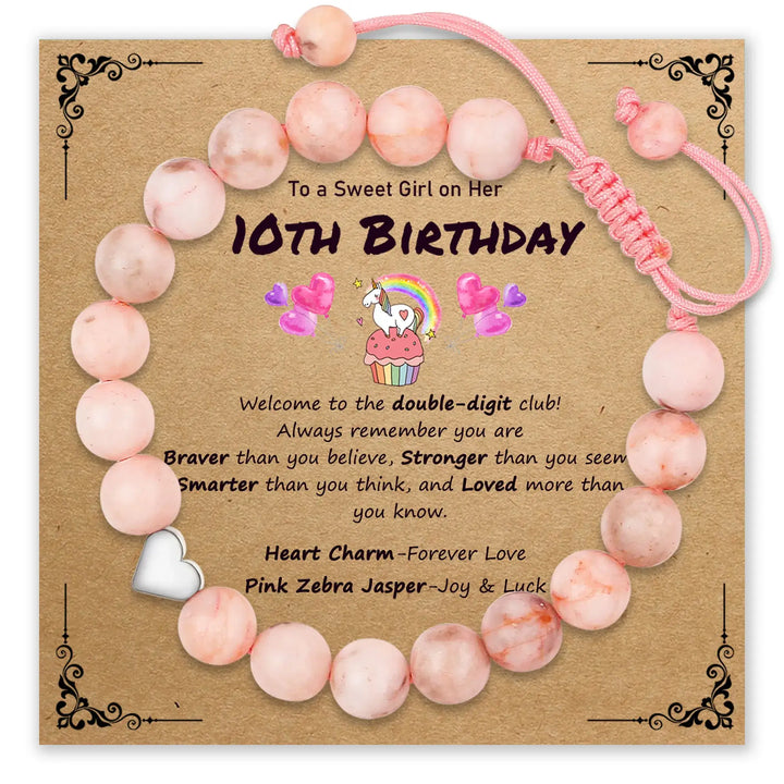 Pink zebra jasper bracelet with heart pendant for 10th birthday