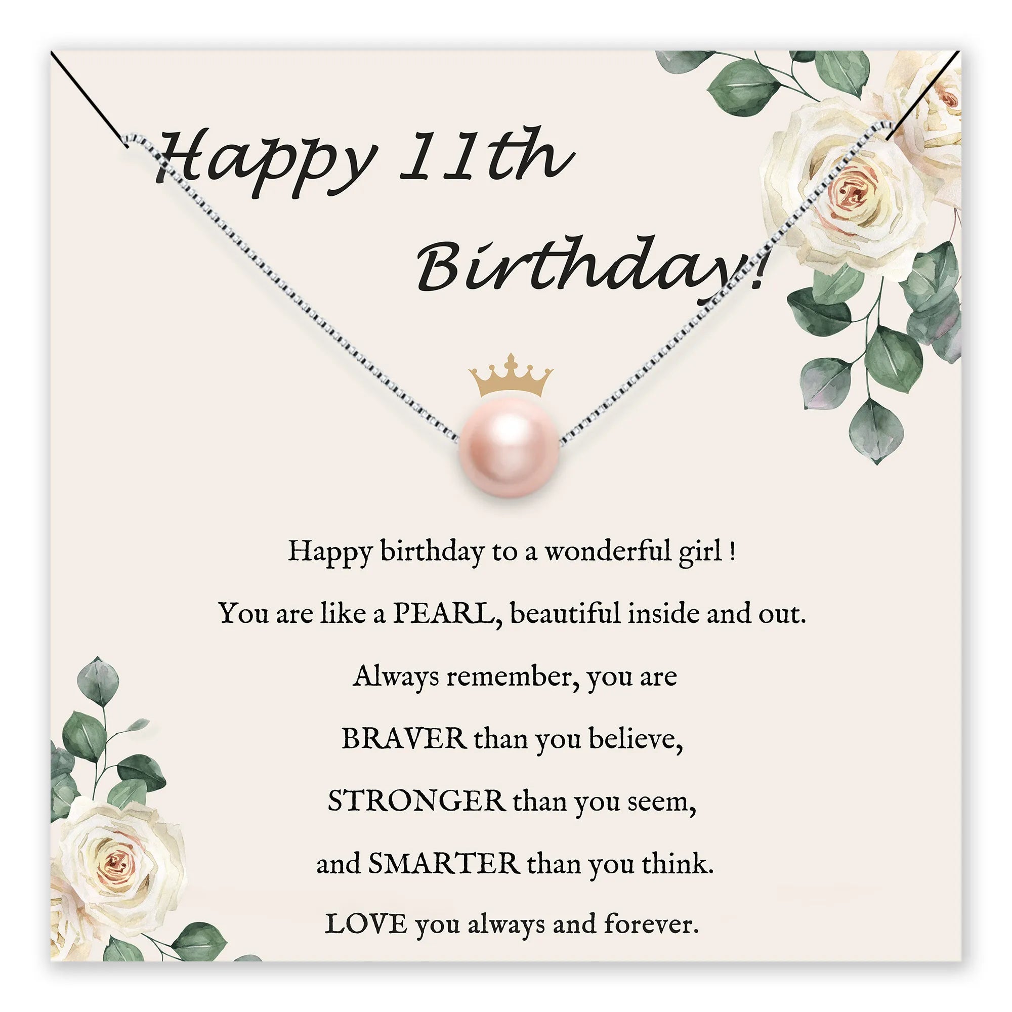 Birthday card with a pearl necklace and floral design for an 11th birthday