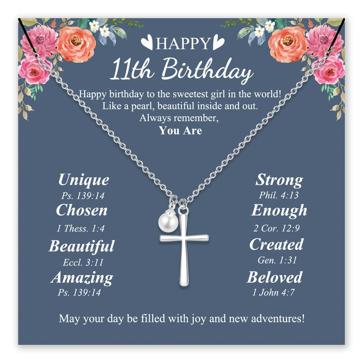 11th birthday card with cross necklace and floral design