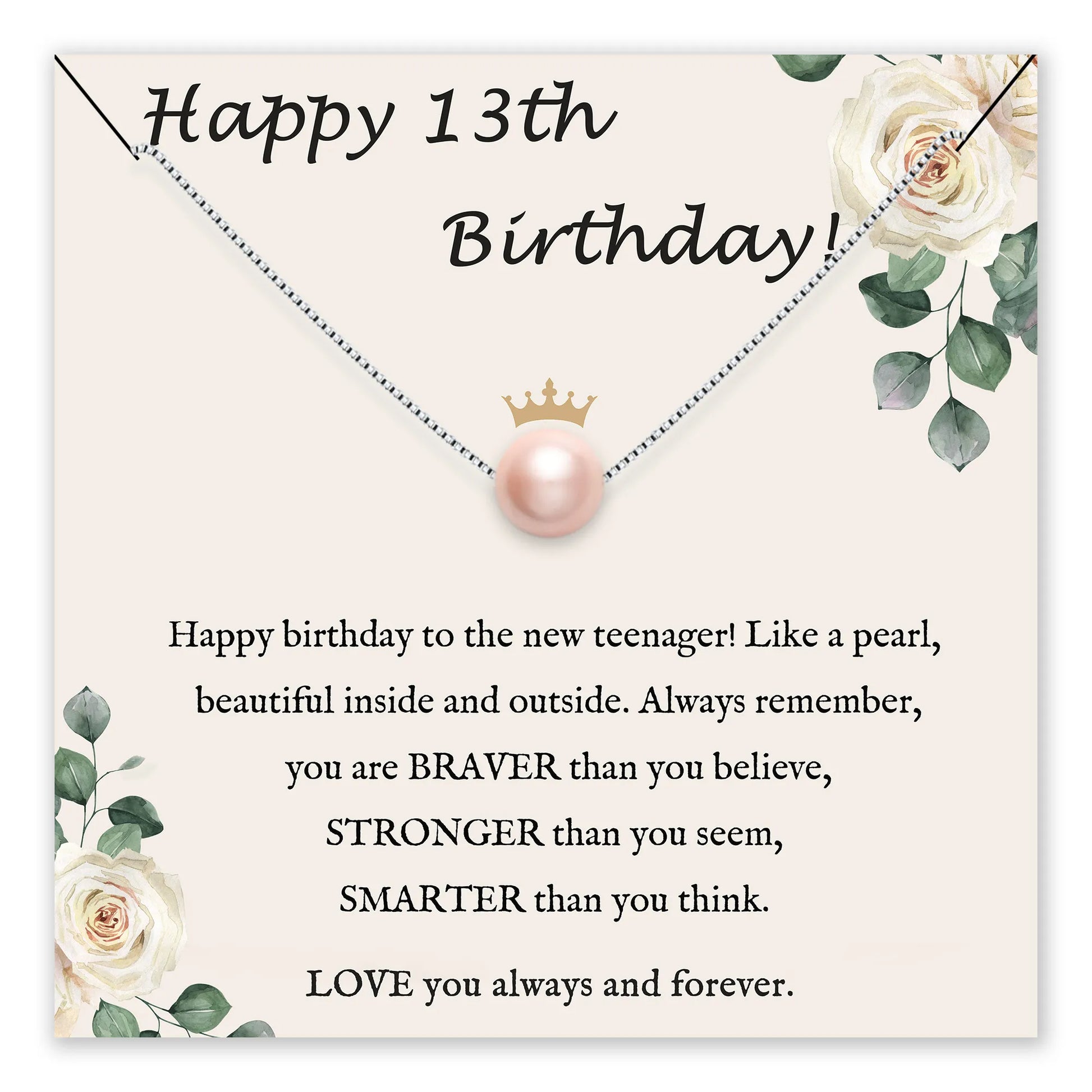 Birthday card with a pearl necklace and floral design for a 13th birthday