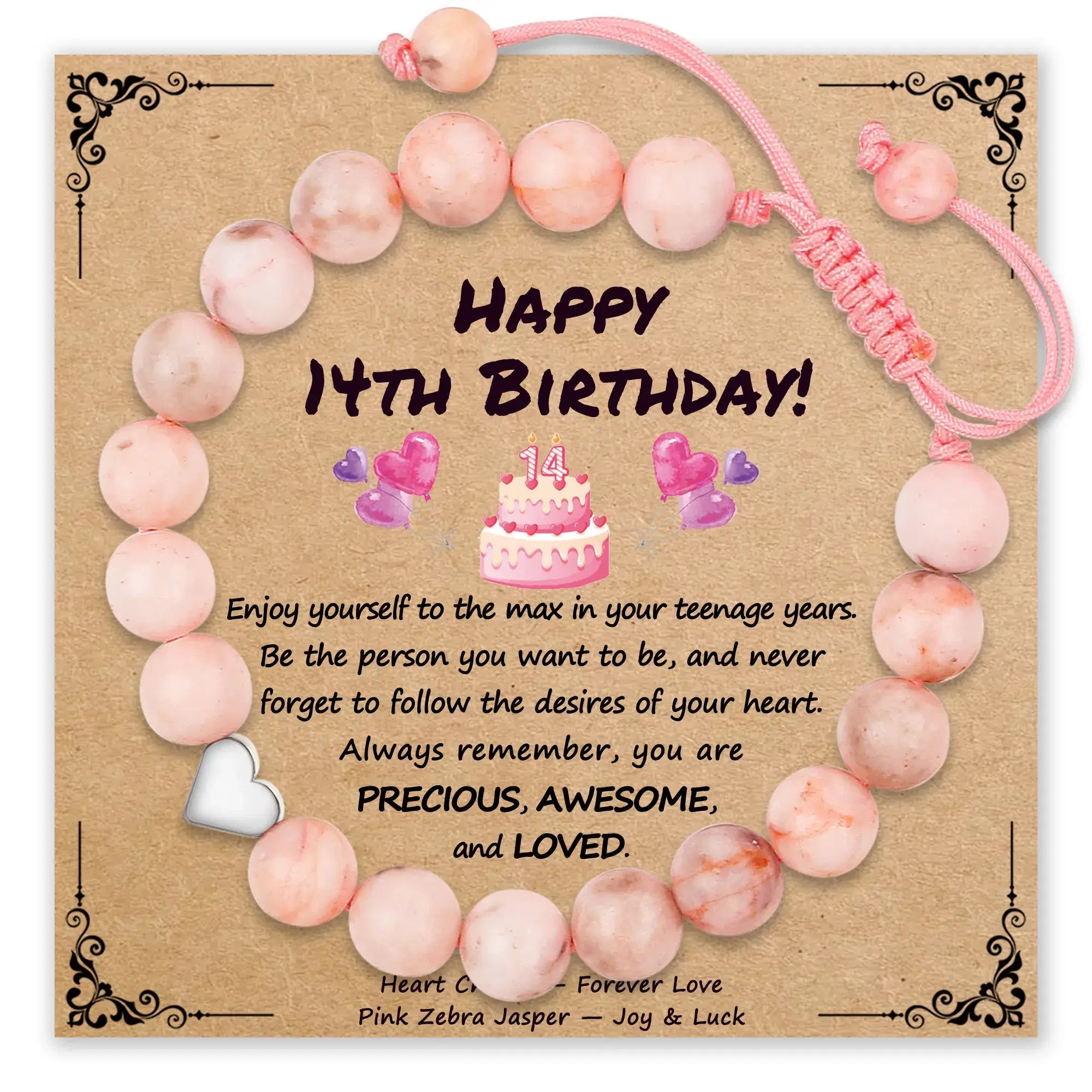 Pink zebra jasper bracelet with heart pendant for 14th birthday