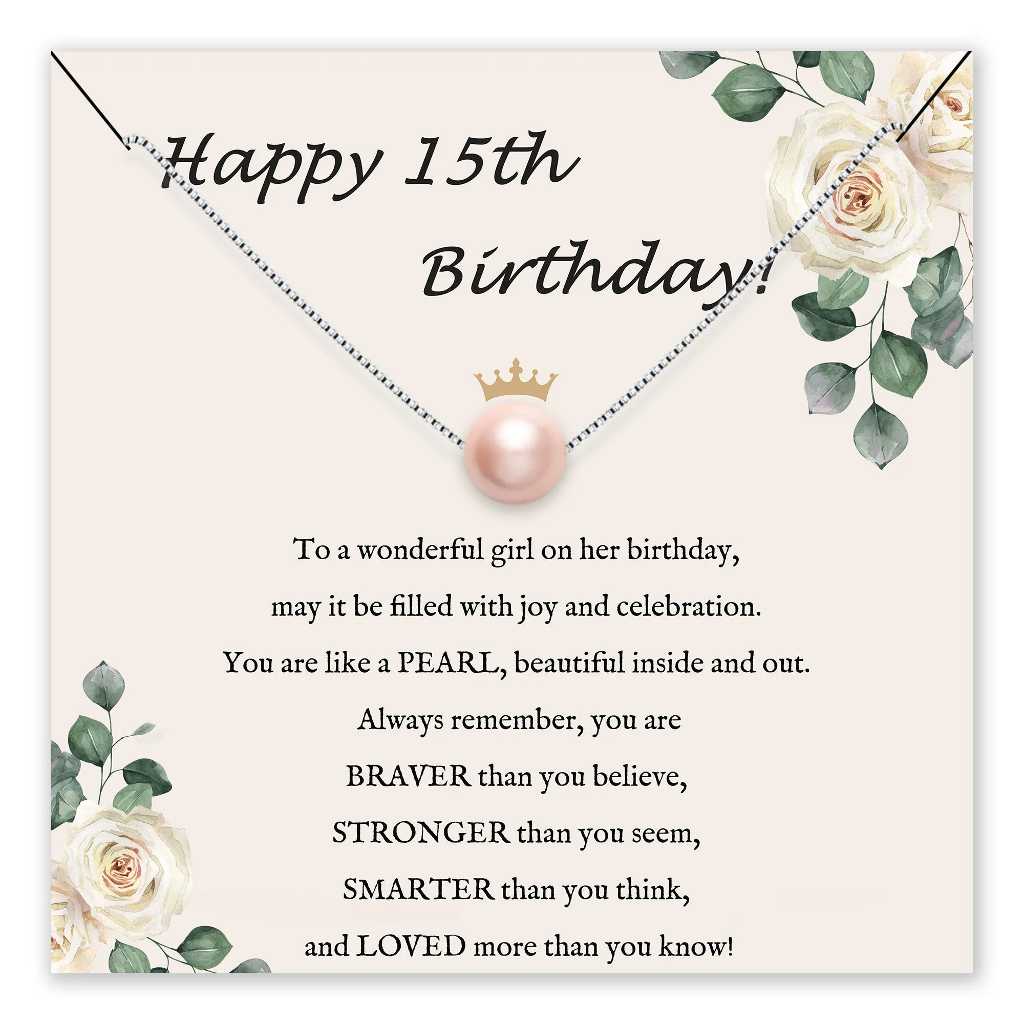 Birthday card with a pearl necklace and floral design for a 15th birthday