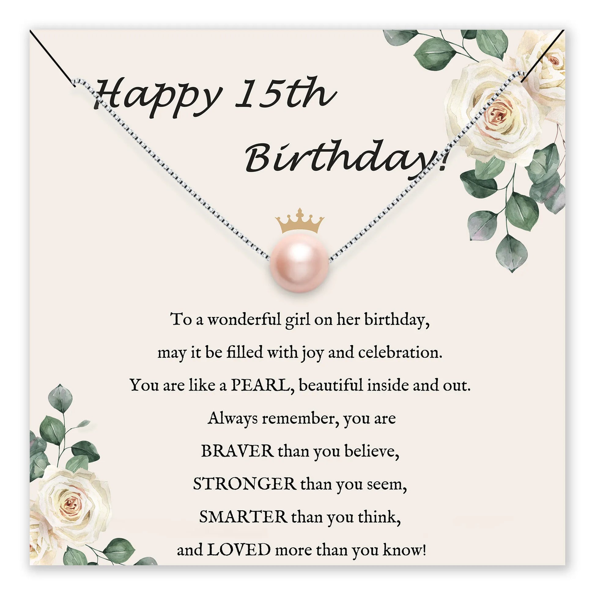 Birthday card with a pearl necklace and floral design for a 15th birthday