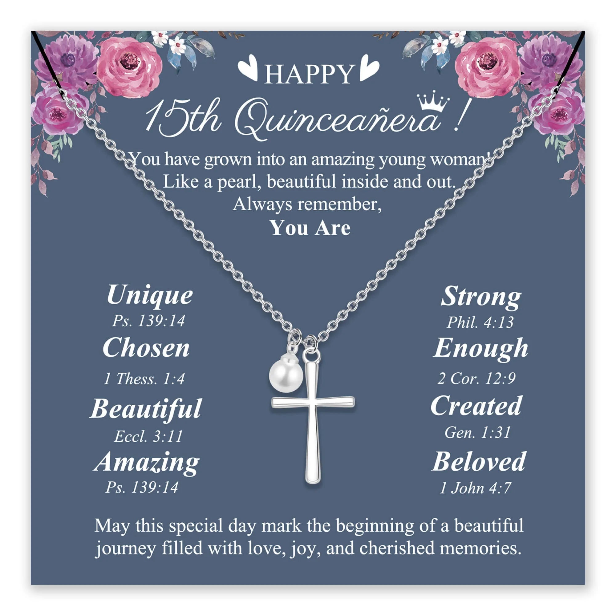 15th quinceañera card with cross necklace and floral design