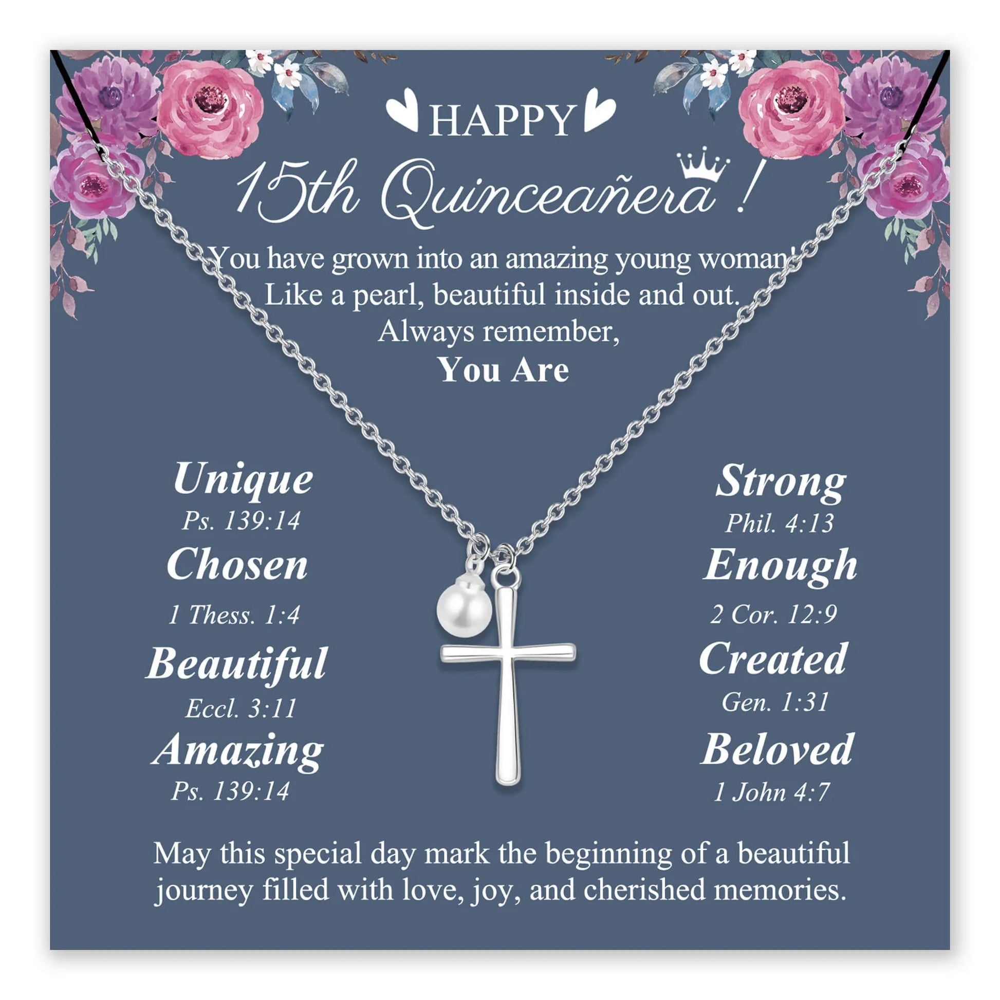 15th quinceañera card with cross necklace and floral design