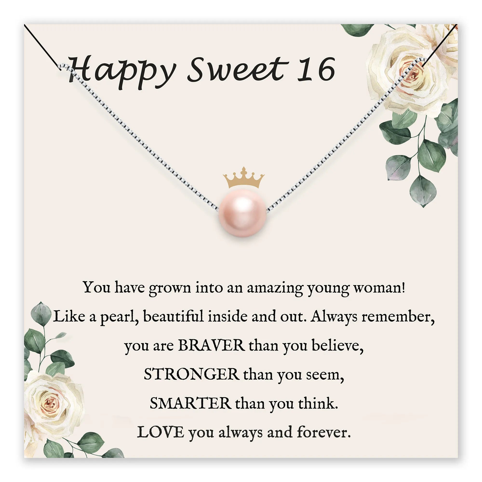 Birthday card with a pearl necklace and floral design for a Sweet 16 birthday