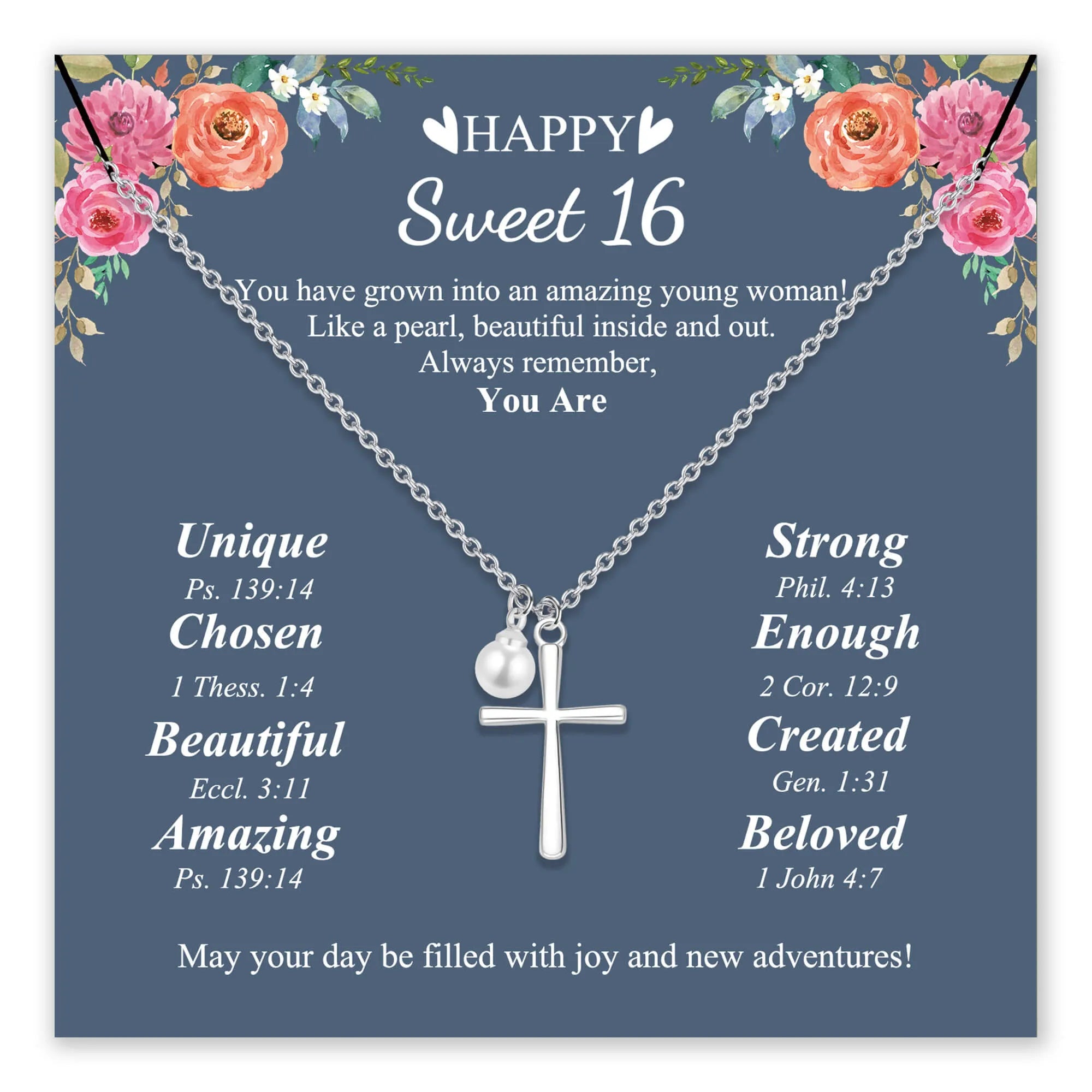 Sweet 16 birthday card with cross necklace and floral design