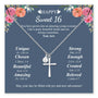 Sweet 16 birthday card with cross necklace and floral design