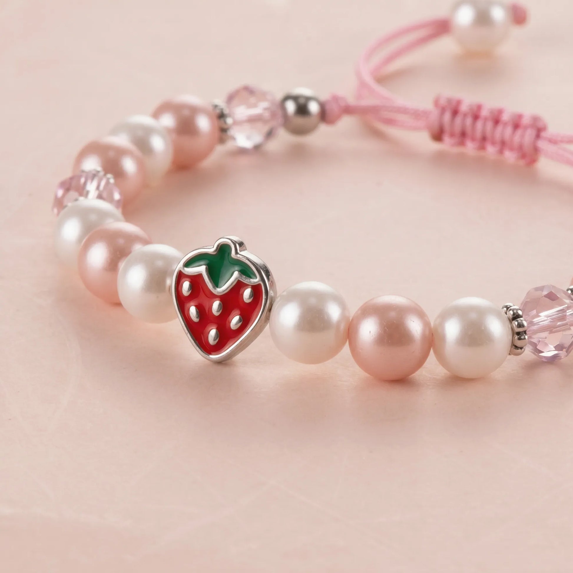 Berry Sweet Birthday Bracelet with strawberry detail and pink beads