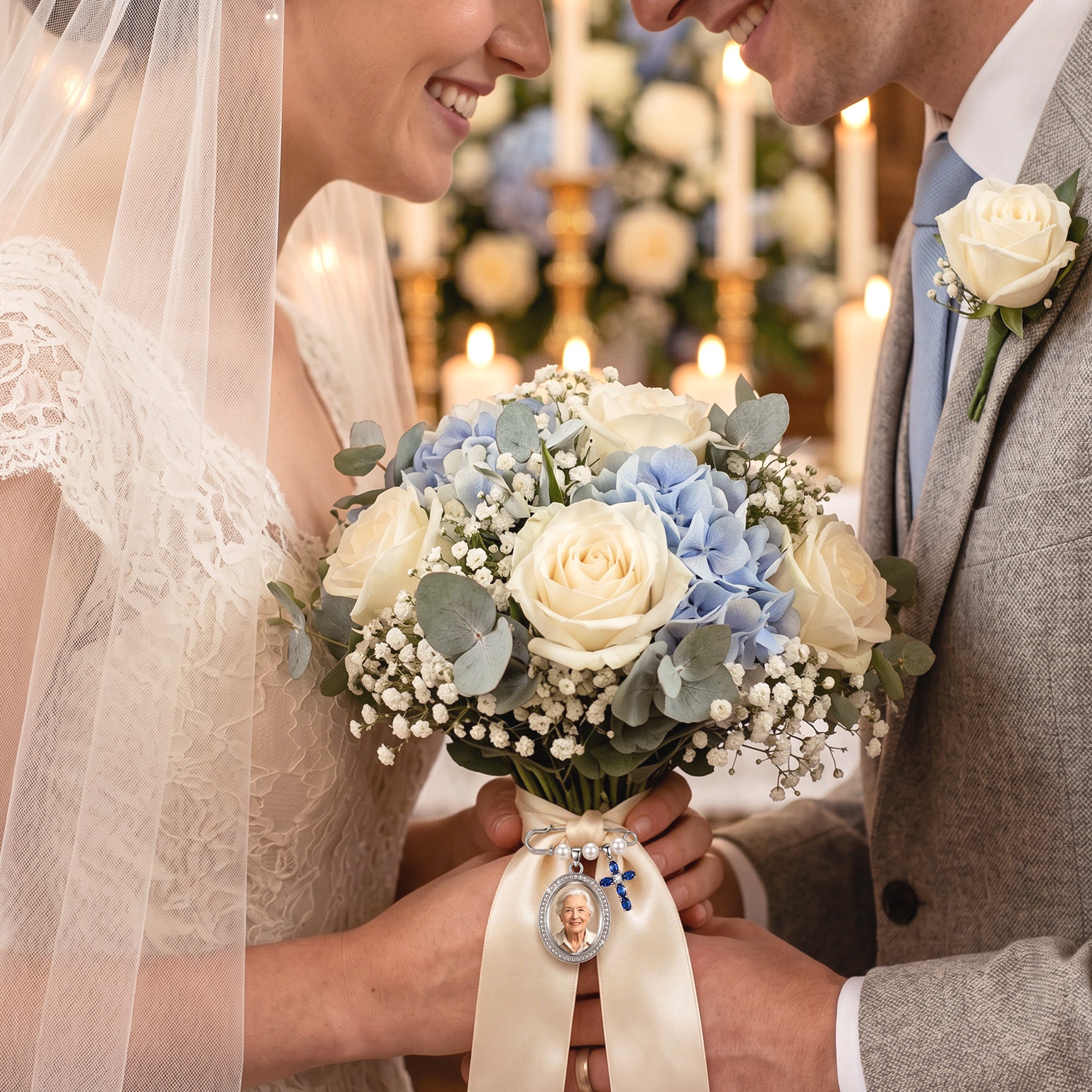 Bride and groom holding a bouquet with a charm attached