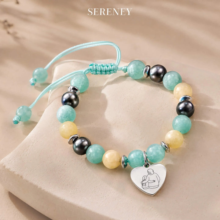 Grandma & Granddaughter Bracelet with aqua, yellow, and black stone beads and heart charm