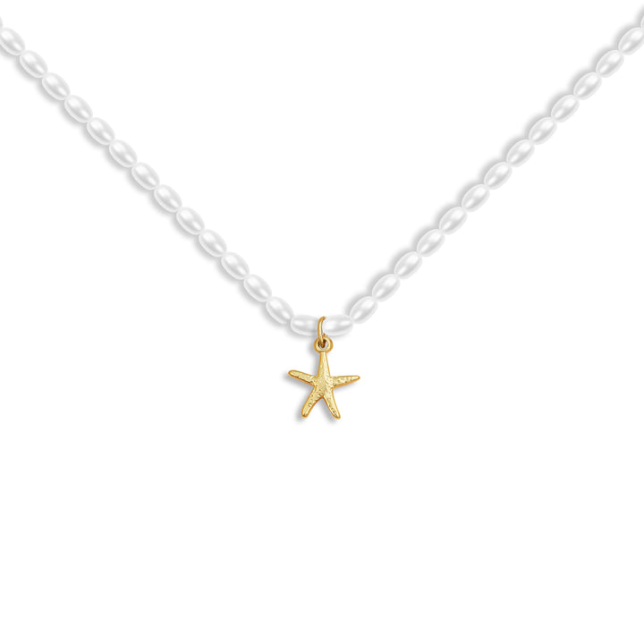 Starfish Pearl Necklace with rice-shaped pearls and golden starfish charm