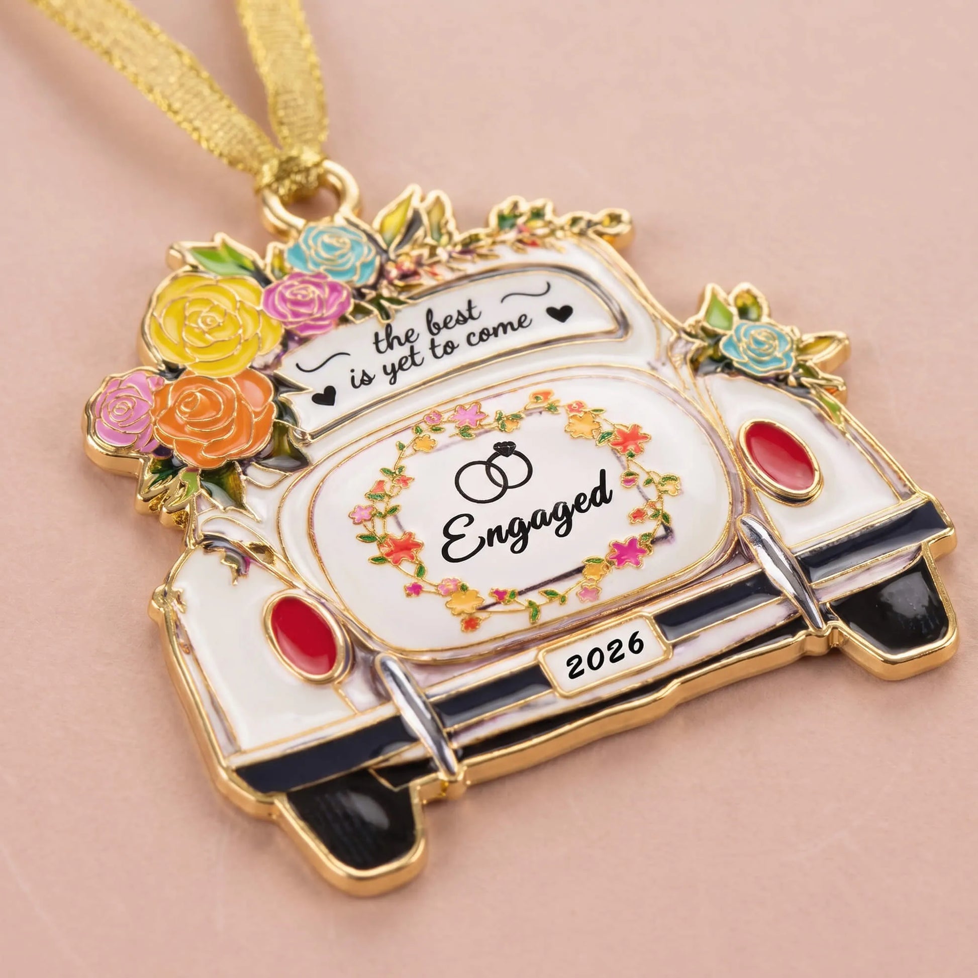 Engaged Floral Wedding Car Keepsake Ornament