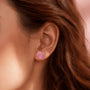 Heart-shaped pink ribbon stud earrings with rhinestone border