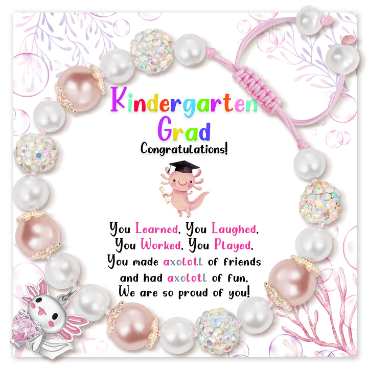 Kindergarten graduation message card with axolotl charm bracelet border, pink and pearl beads