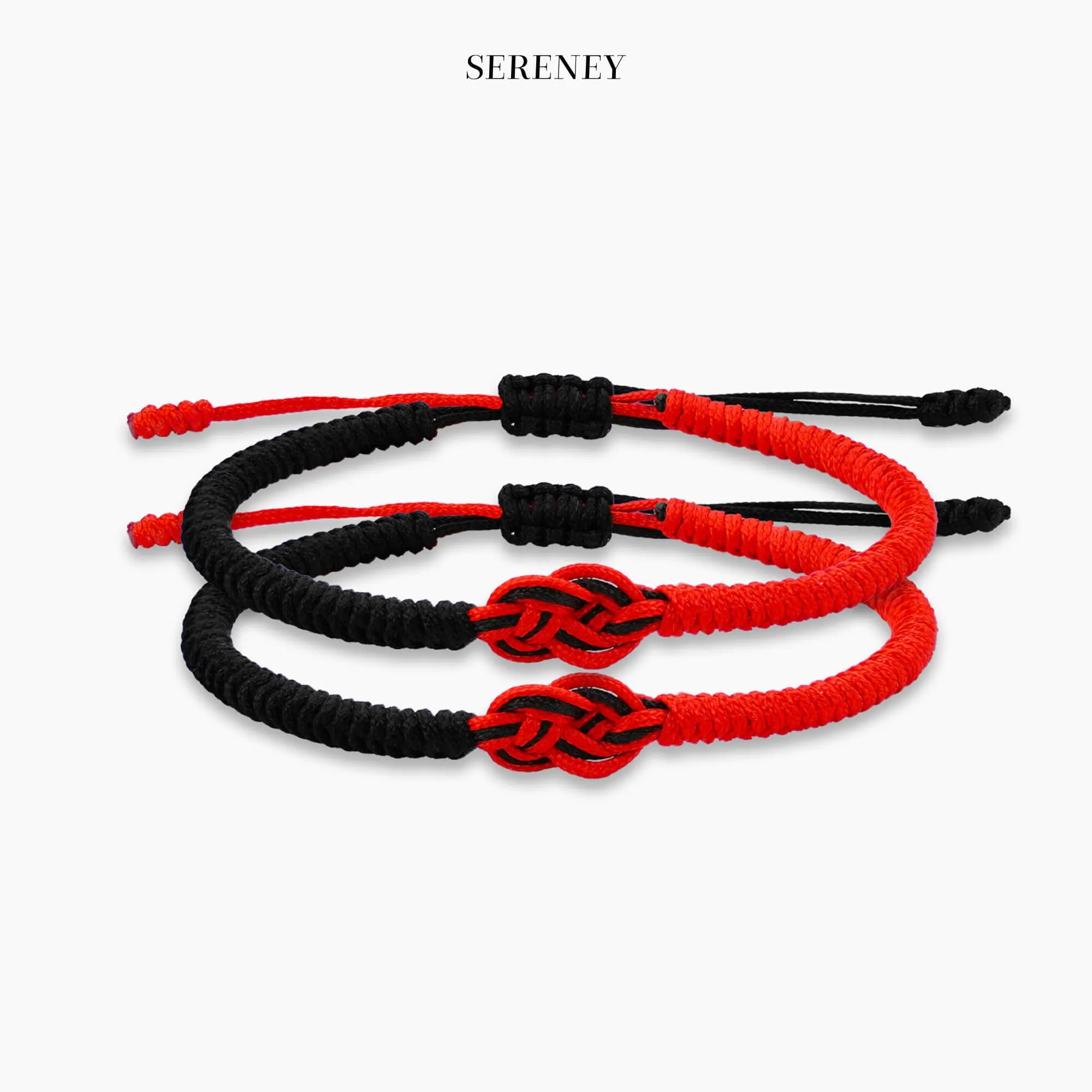 Red and black string bracelets displayed on a white background