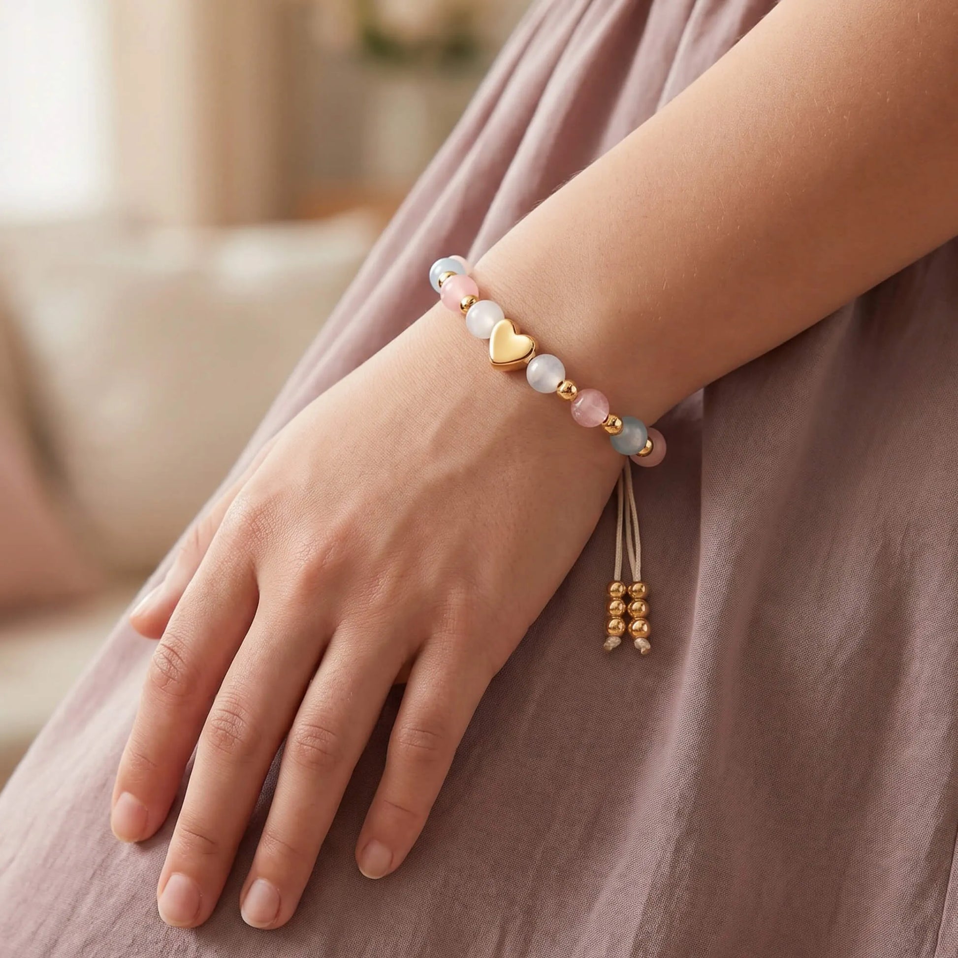 Girl wearing bracelet with pink, blue, and white beads