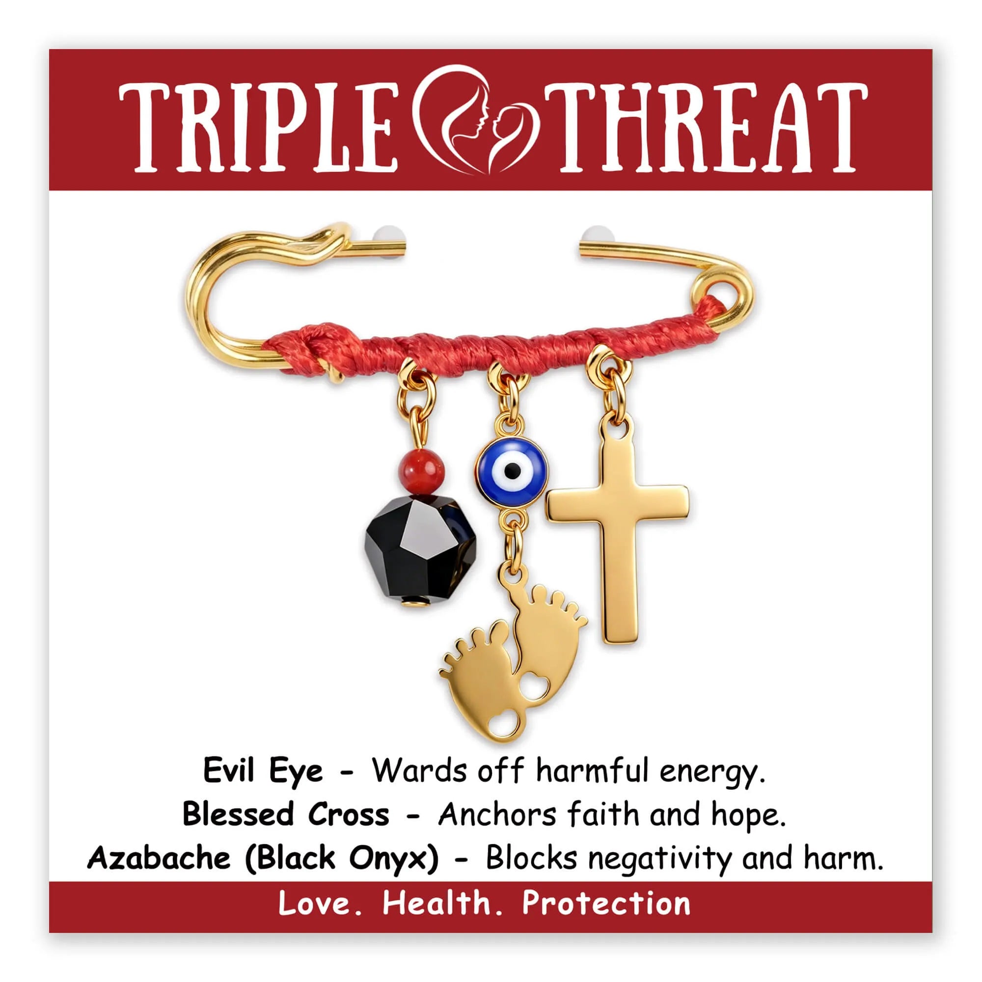 Triple Threat Amulet Pin with cross and evil eye in gold