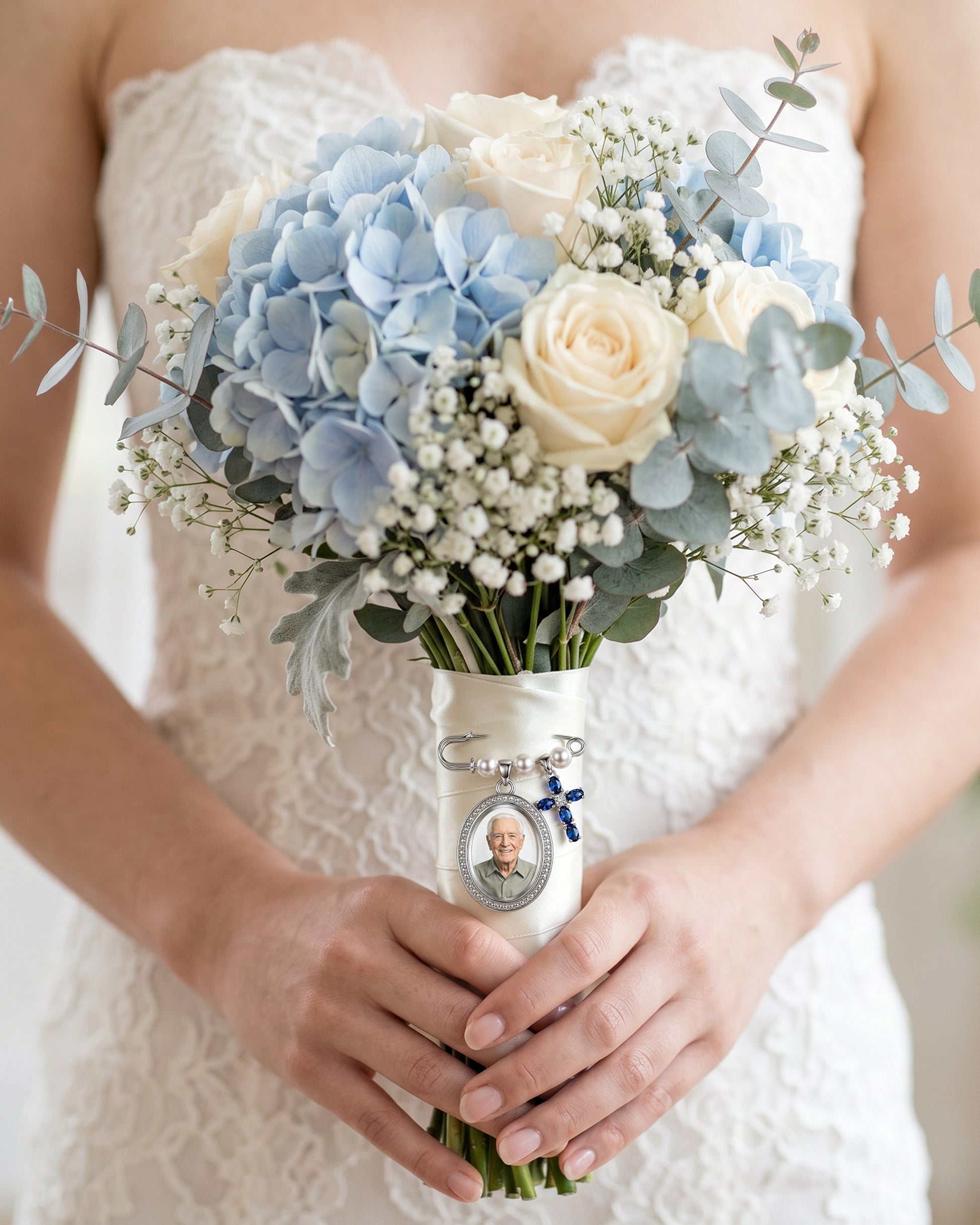 Bride holding a bouquet with a charm attached