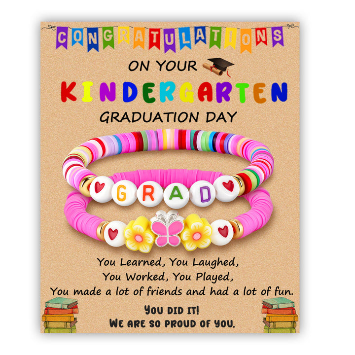 Rainbow butterfly bead bracelets with message card: Kindergarten Graduation
