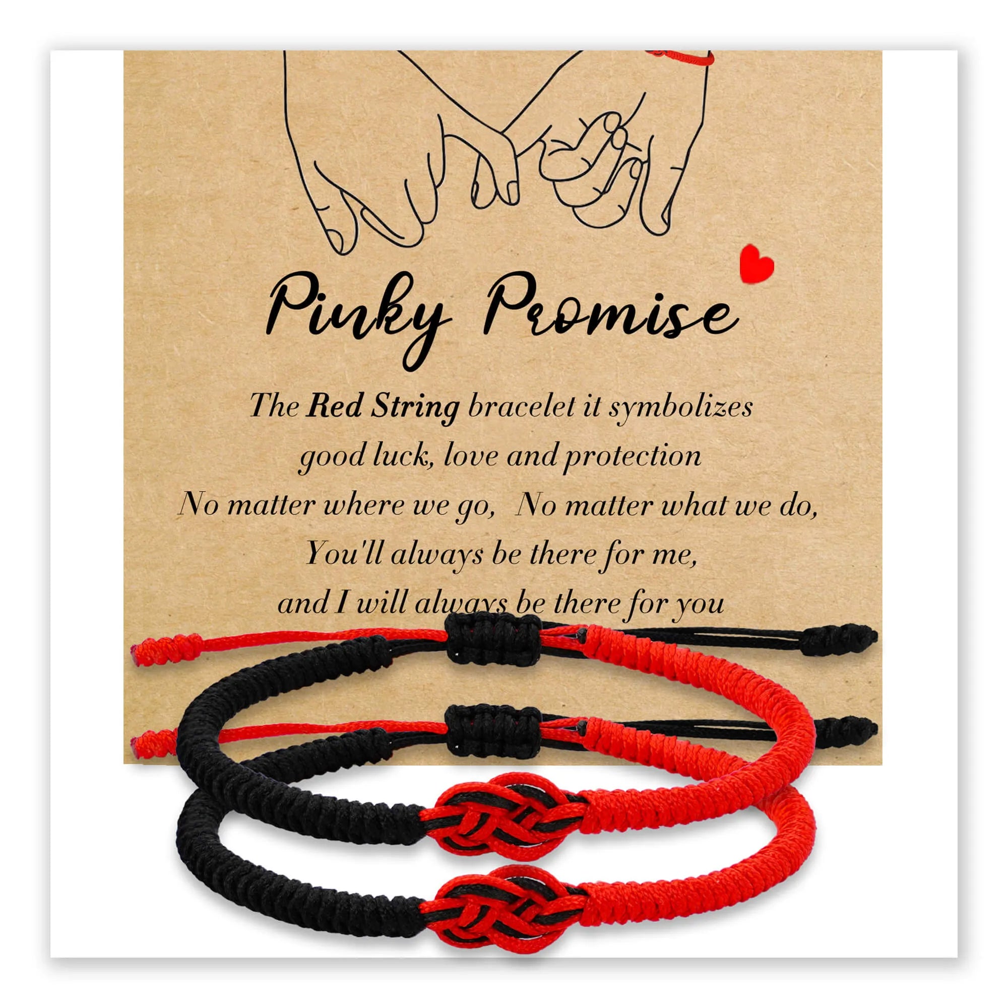Pinky Promise card with two red bracelets