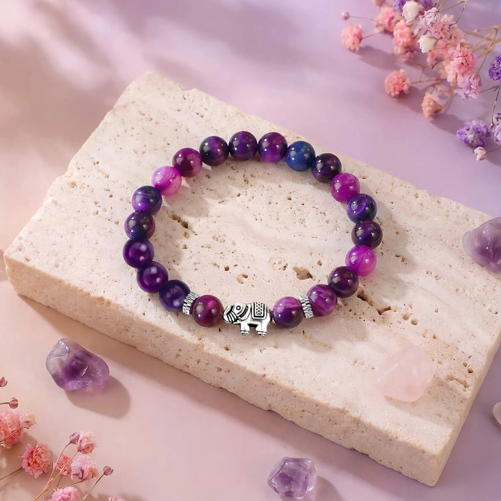 Amethyst bead bracelet with elephant charm, purple and pink round beads