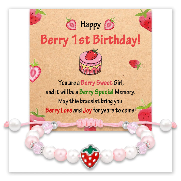 Birthday card with strawberry theme and bracelet