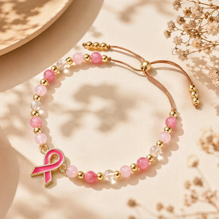 Pink and gold beaded bracelet with ribbon charm and adjustable brown cord