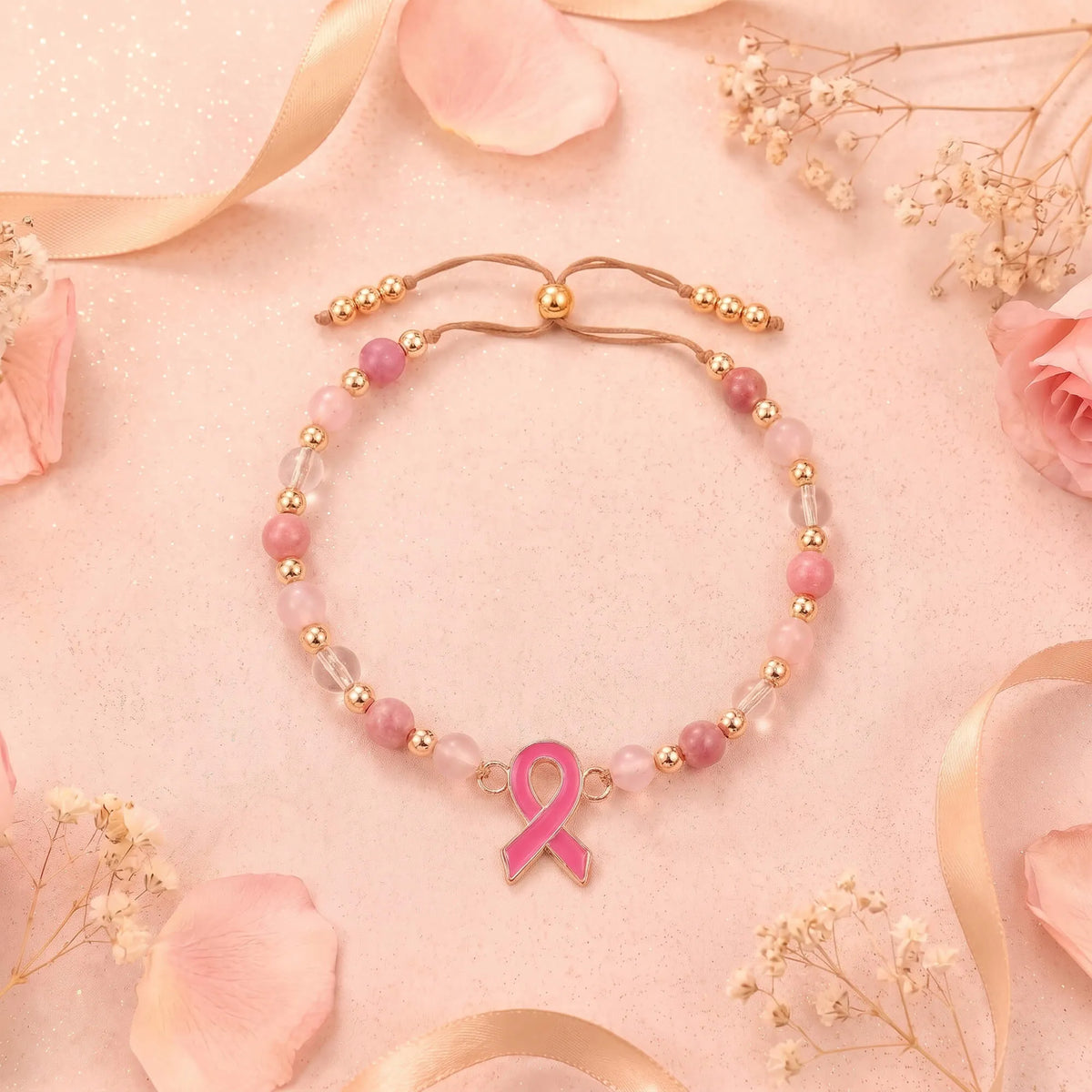 Pink beaded bracelet with gold beads and pink ribbon pendant on cord