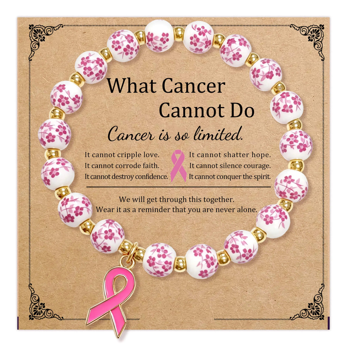 Pink ribbon charm beaded bracelet with white beads and gold spacers