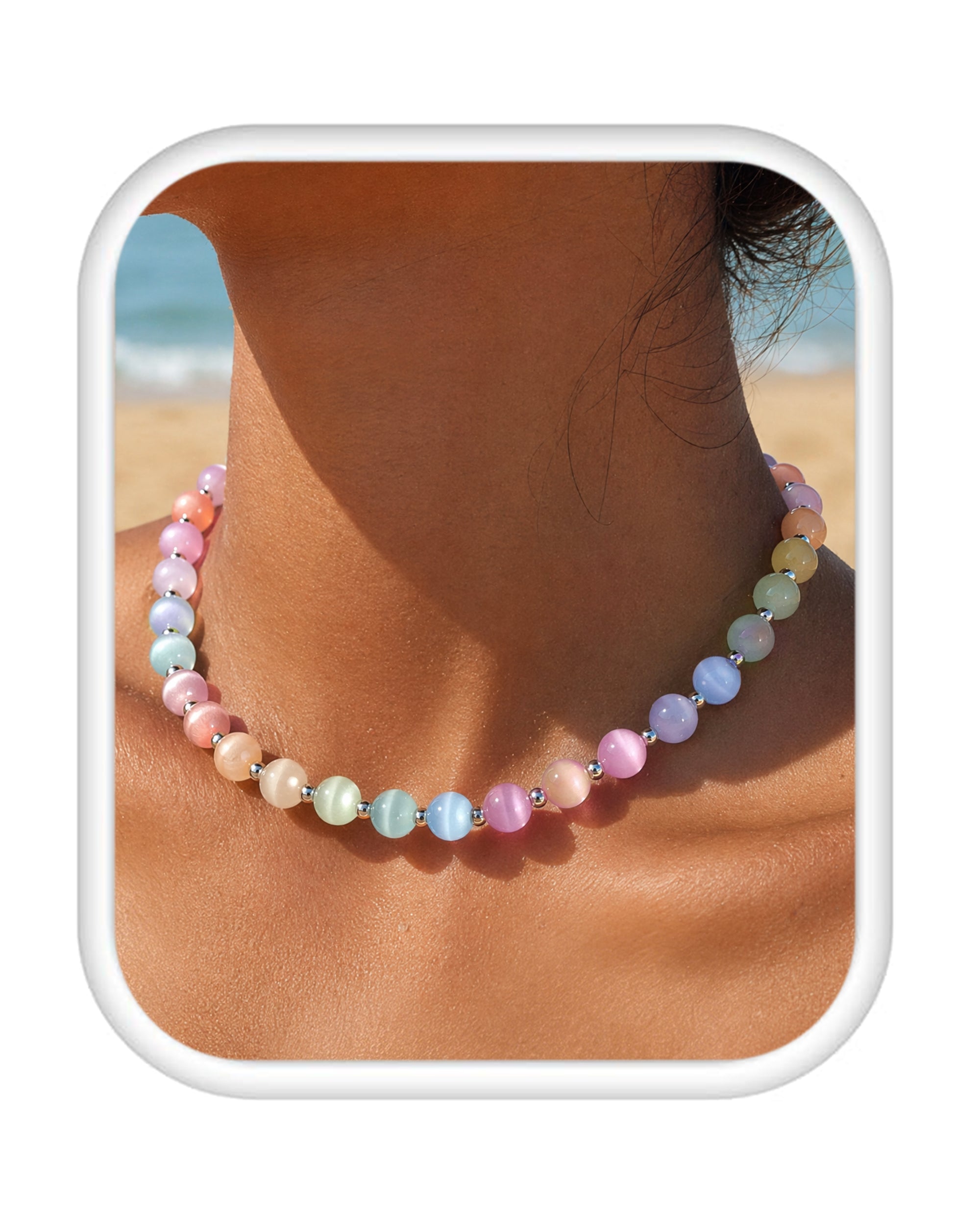 Model wearing UV Dopamine Necklace on the beach