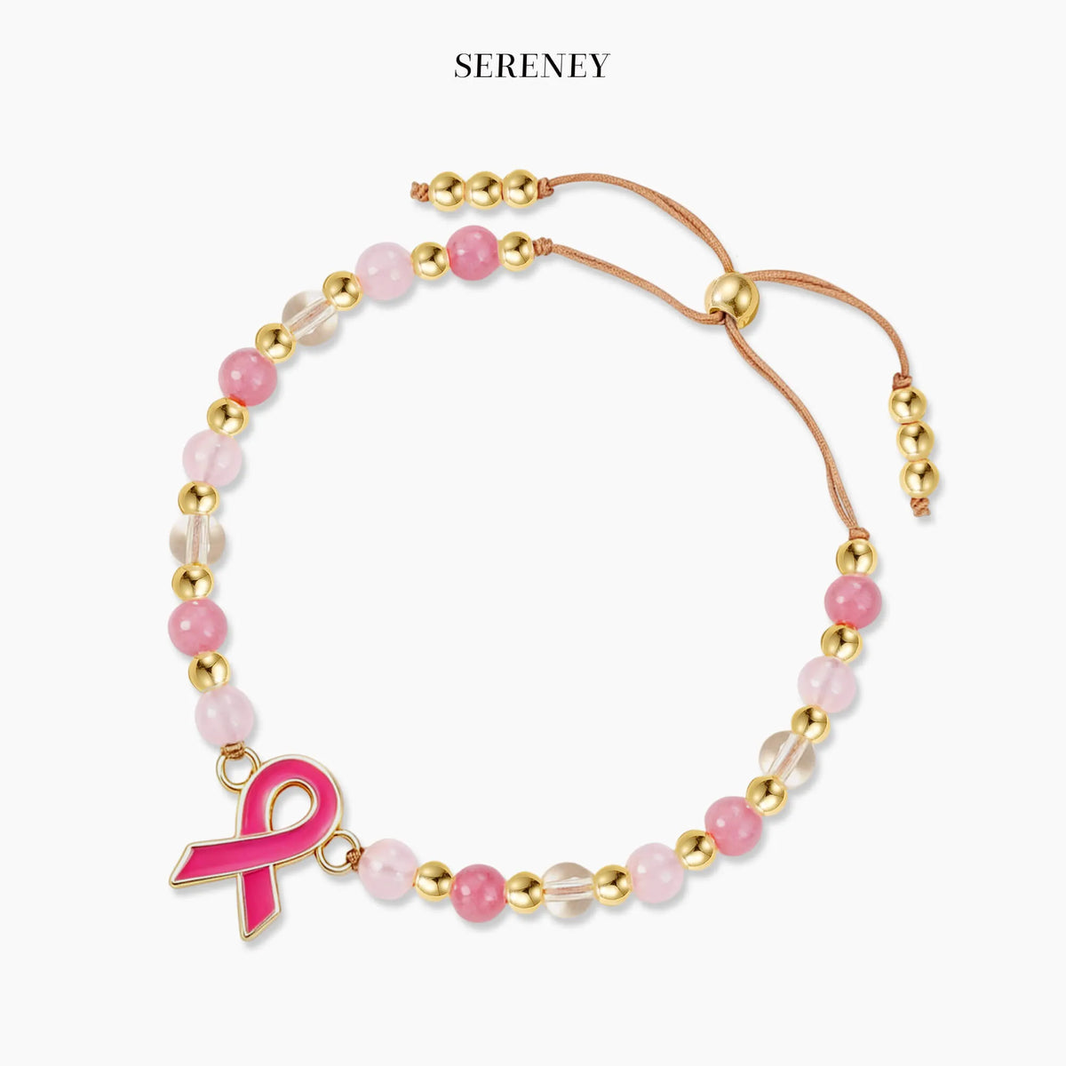 Gold and pink bead cancer awareness bracelet with pink ribbon charm