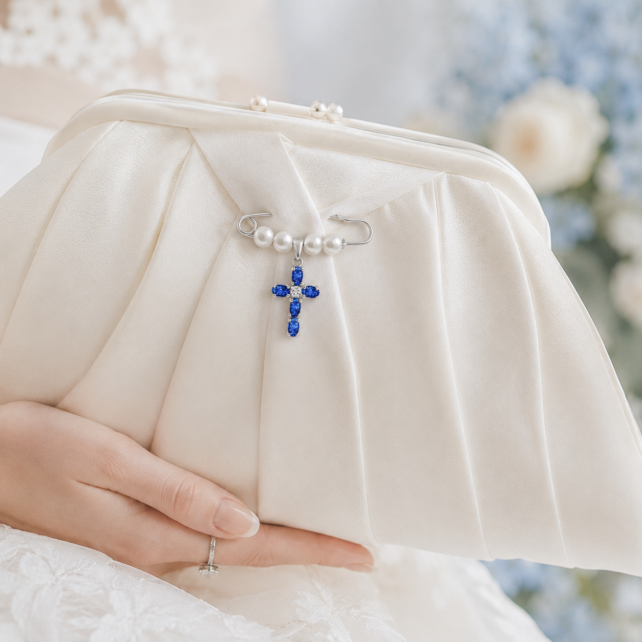 Something Blue Cross Pin attached to a white clutch bag