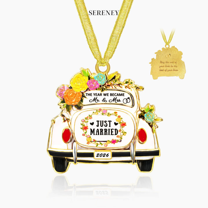 Just Married Floral Wedding Car Keepsake Ornament with gold-tone detailing