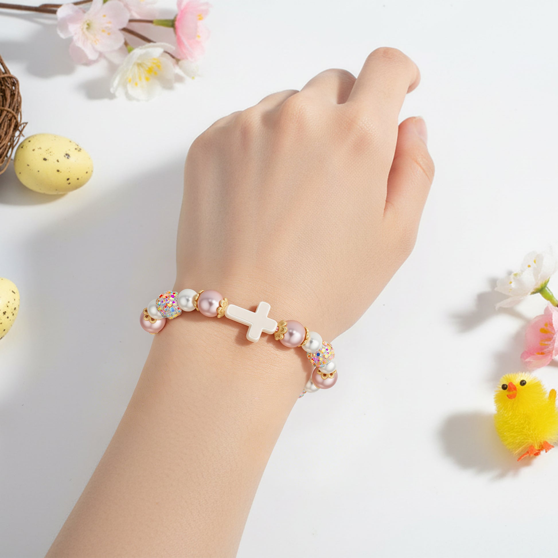 Easter Blessings Cross & Pearl Beaded Bracelet