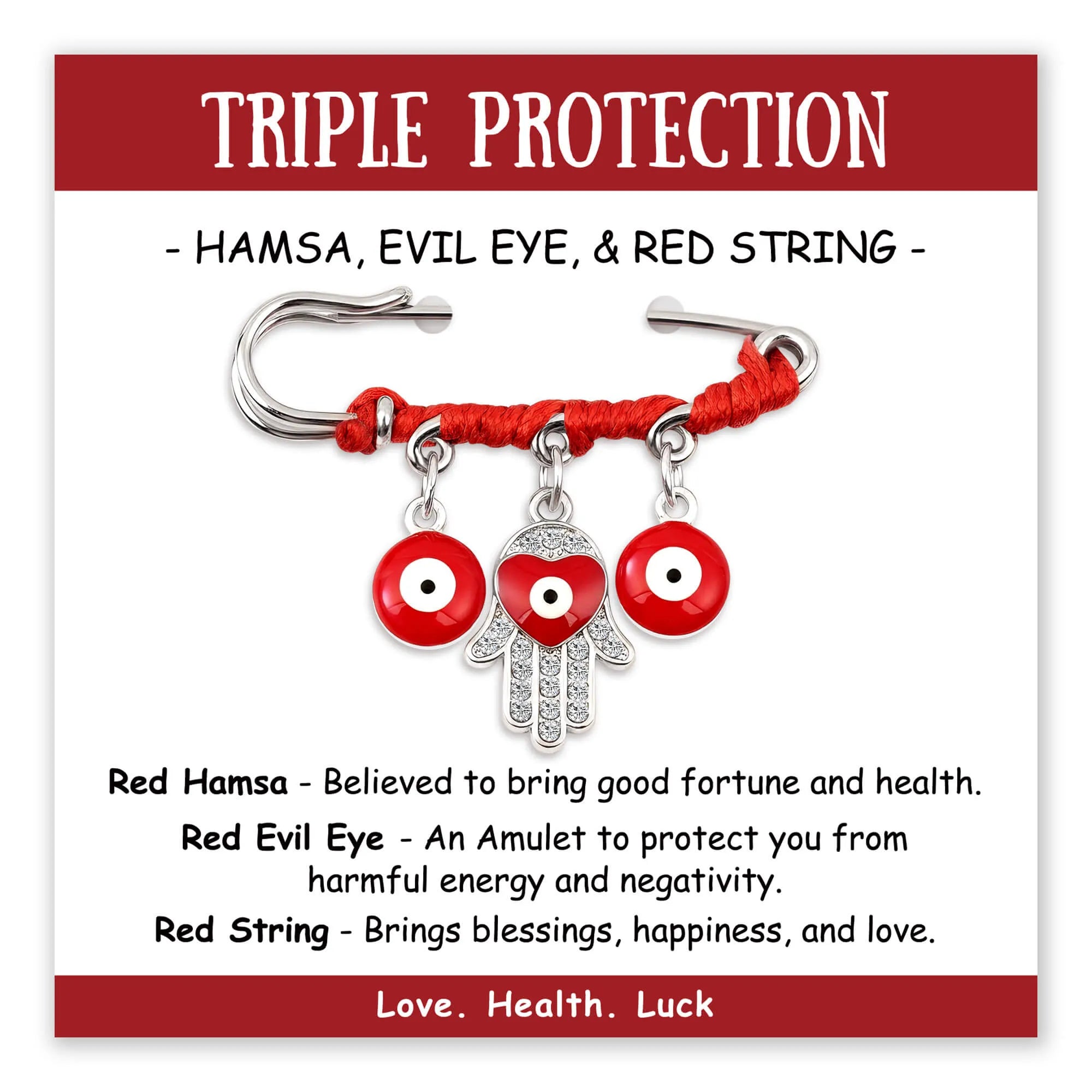 Triple Protection Amulet Pin with Hamsa hand and evil eye in silver