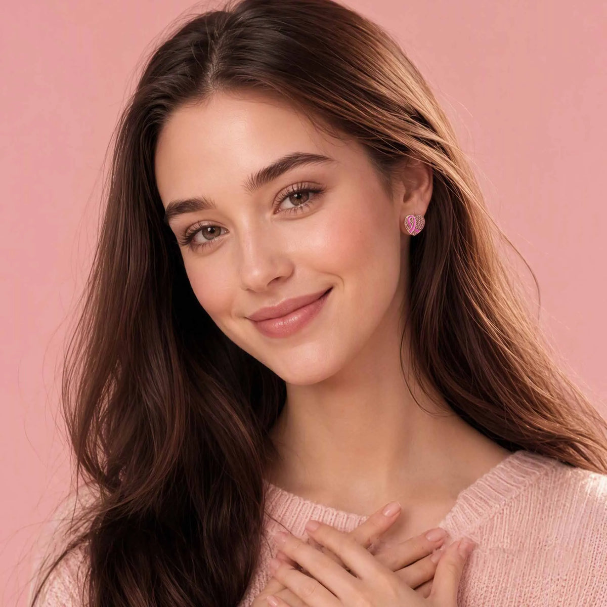 Pink ribbon heart earrings worn by a woman, small stud style