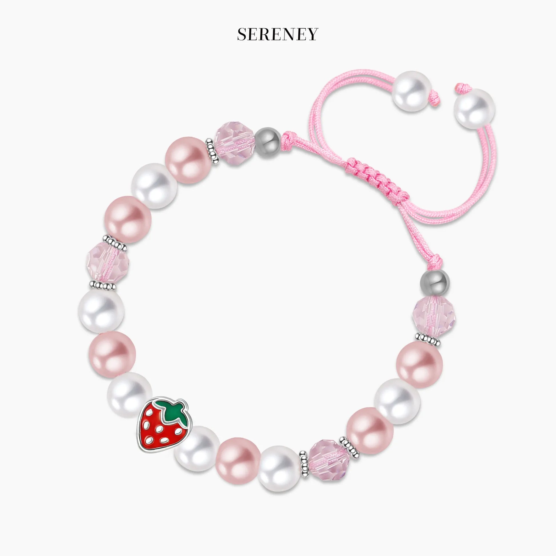 Berry Sweet Birthday Bracelet with pink and white beads and strawberry charm