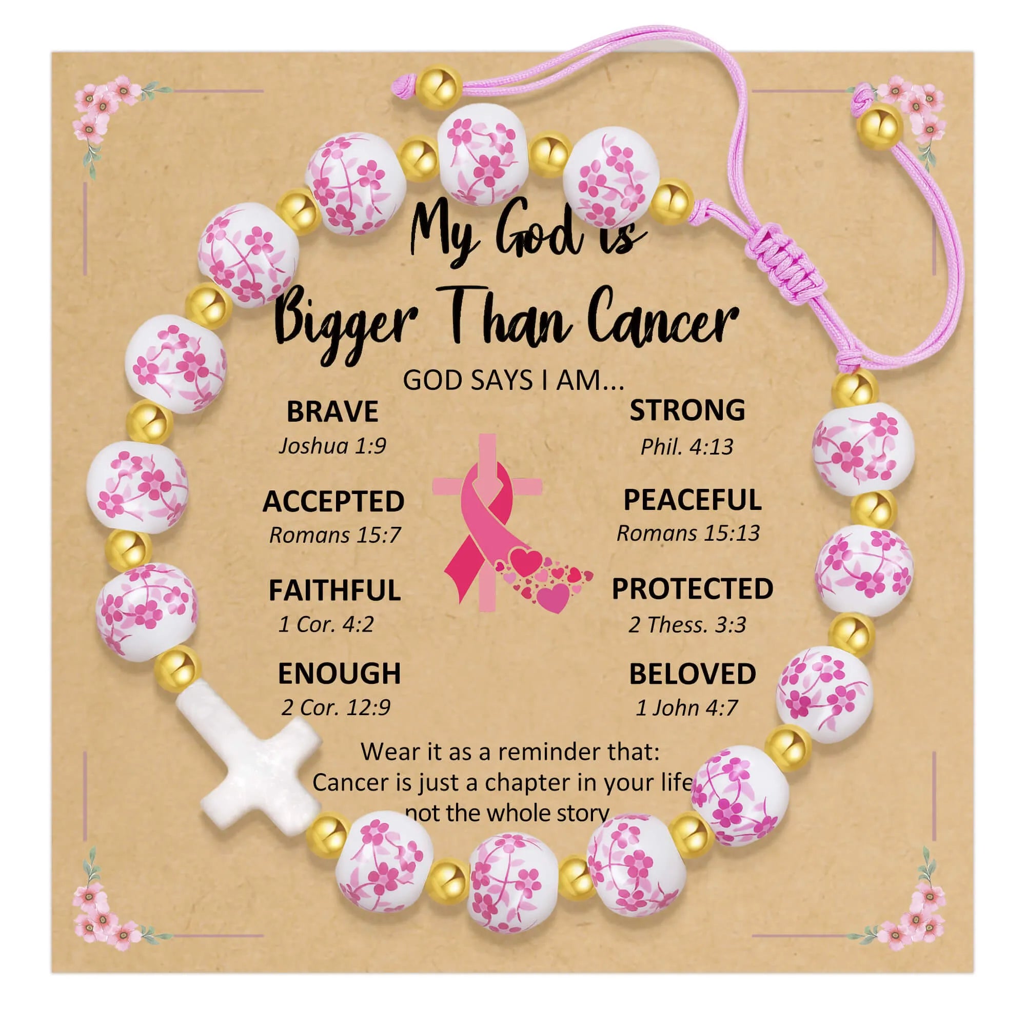 Pink floral beaded Cancer awareness bracelet with gold beads and cross charm