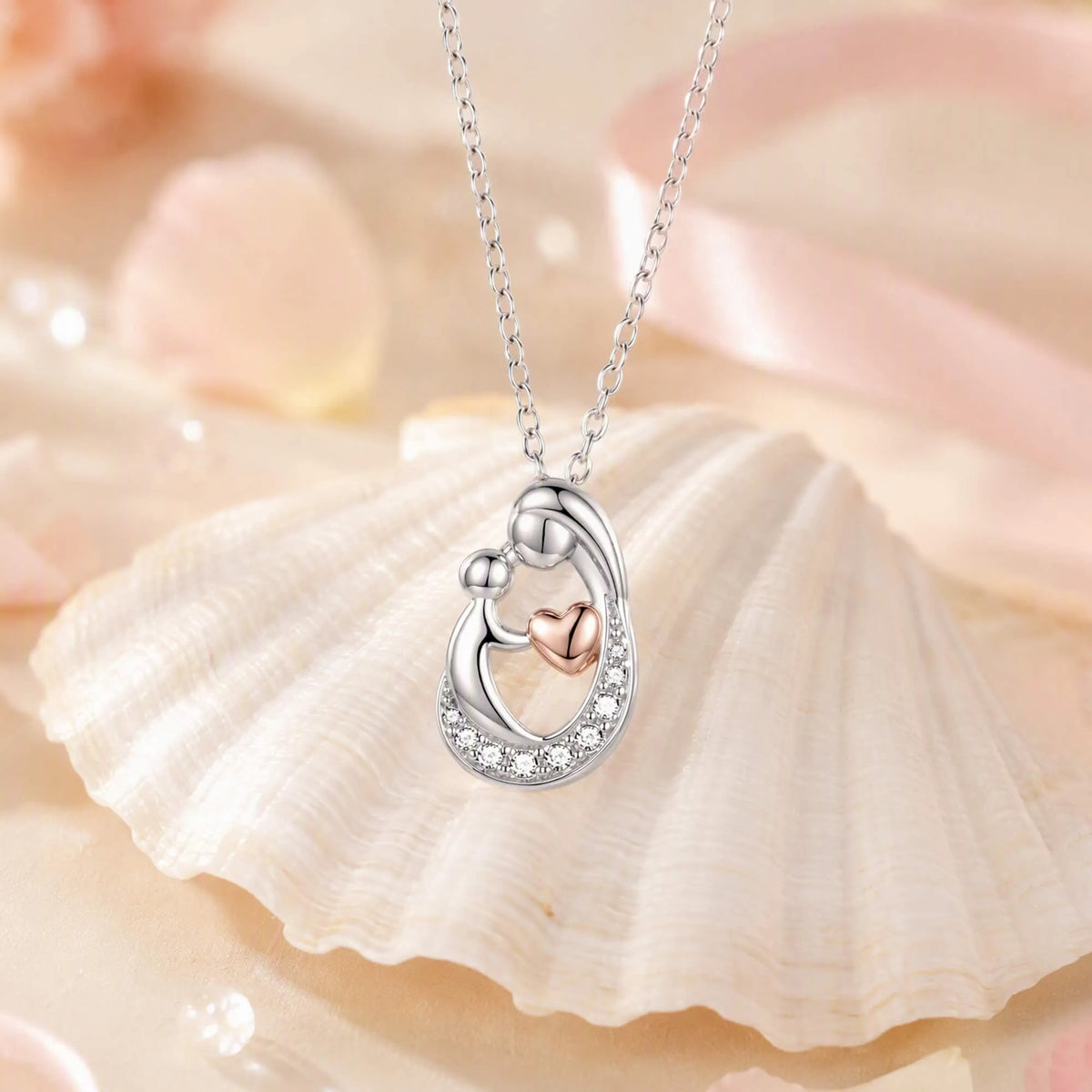 Heart mother necklace pendant with crystal-studded frame and rose-gold heart inside