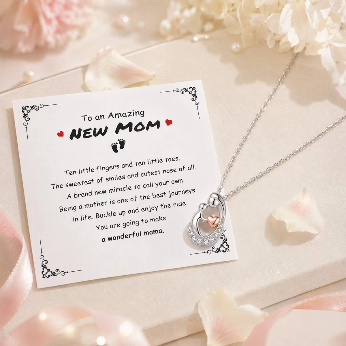 Heart mother necklace with message card: 'To an Amazing New Mom' and crystal heart pendant