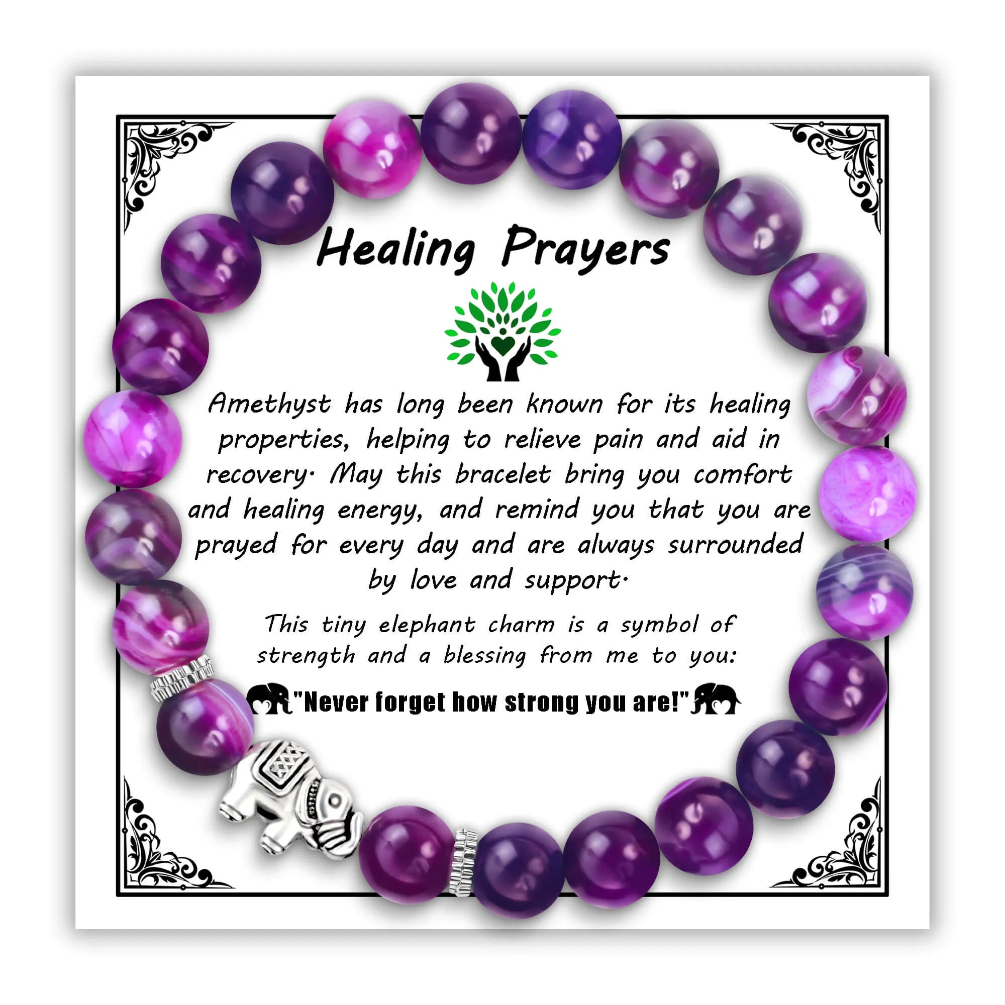 Amethyst bead bracelet with elephant charm on decorative Healing Prayers card