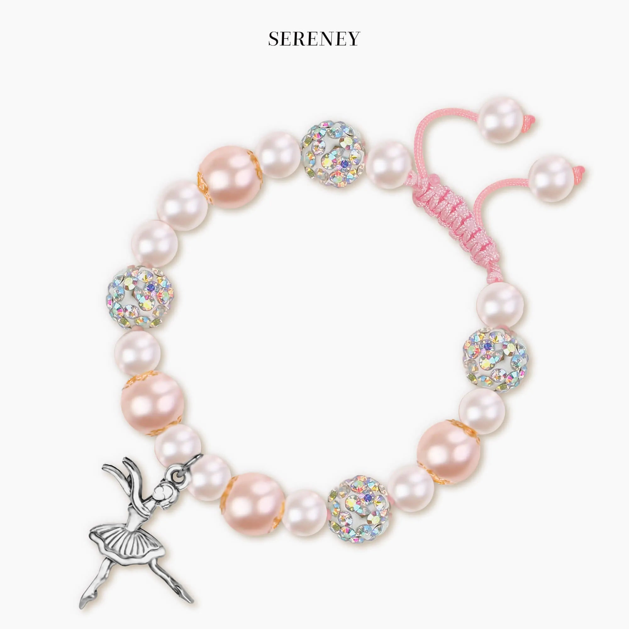 Bracelet featuring pink and white pearls with a silver-tone ballerina charm