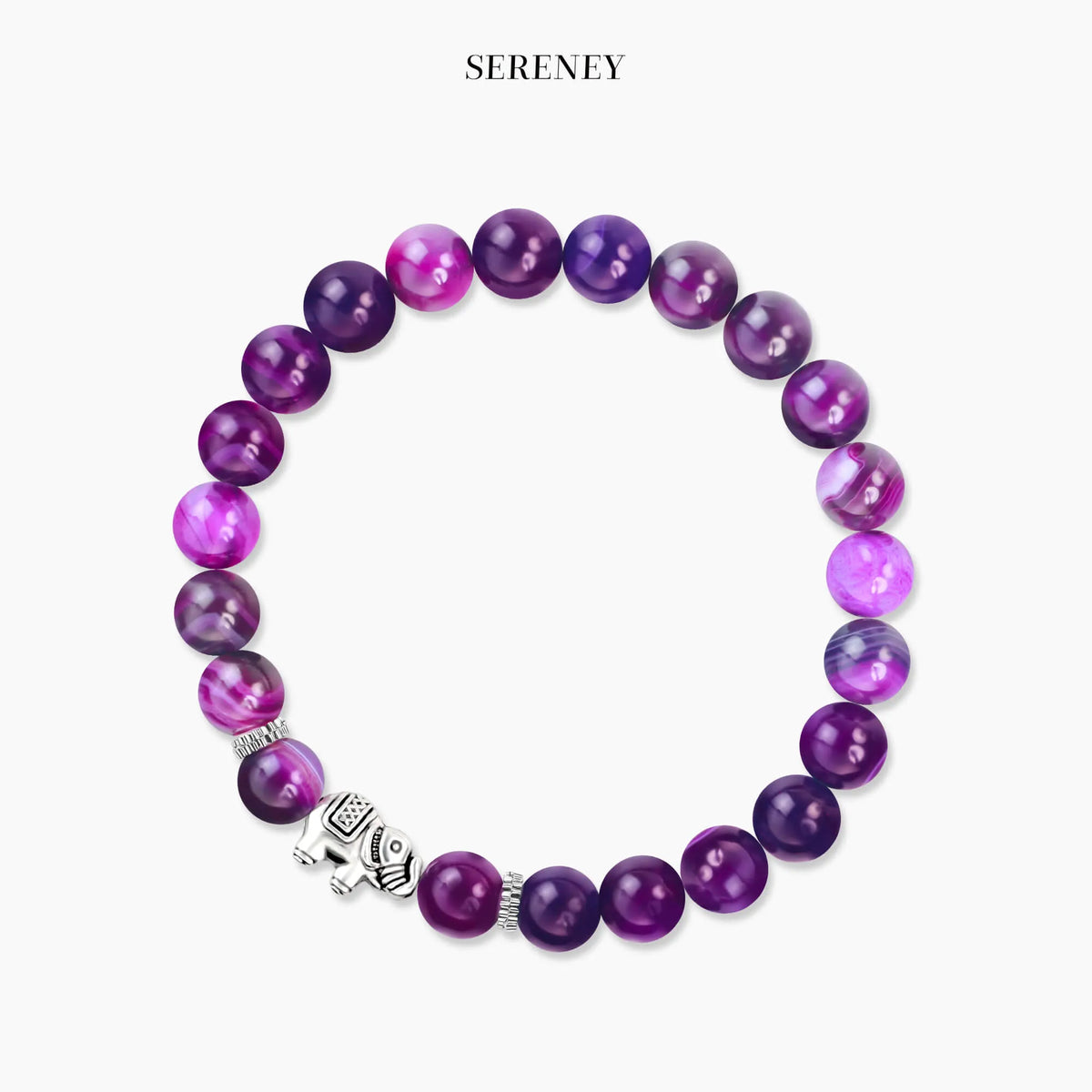 Amethyst bead bracelet with elephant charm, purple round bead strand