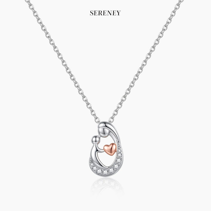 Sterling silver heart mother necklace with crystal halo and rose-gold heart pendant